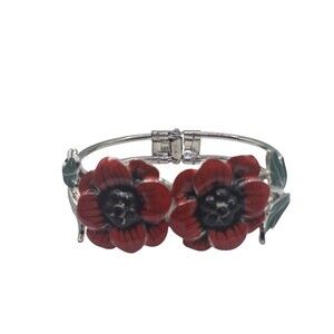 Red Floral Enamel & Rhinestone Snap Closure Cuff Bracelet